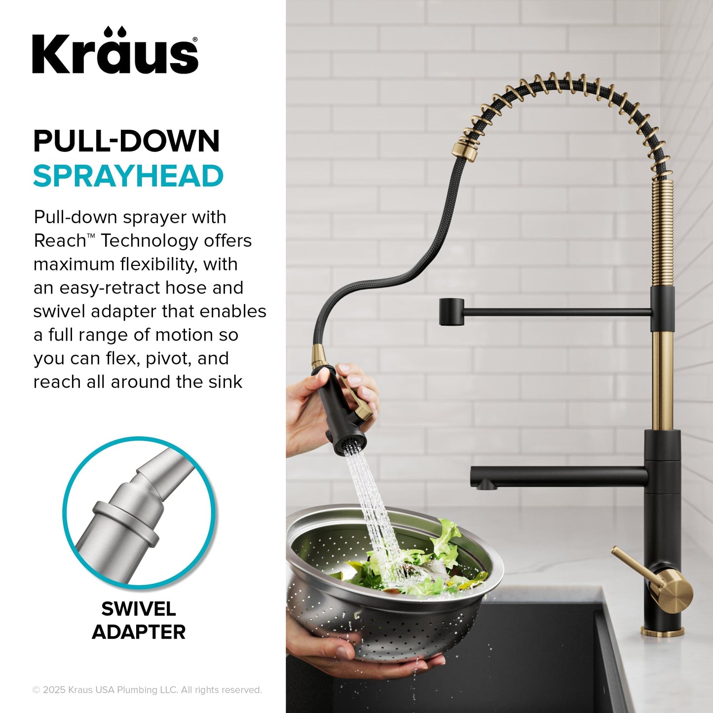 KRAUS Artec Pro 2-Function Single Handle Pull Down Kitchen Faucet in Brushed Brass & Matte Black - KPF-1605BBMB