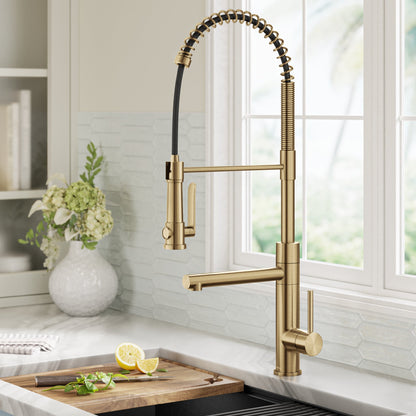 KRAUS Artec Pro 2-Function Single Handle Pull Down Kitchen Faucet in Brushed Brass -