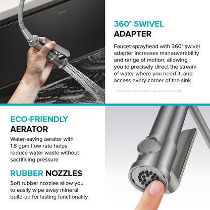 KRAUS Artec Pro 2-Function Single Handle Pull Down Kitchen Faucet in Spot-Free Stainless Steel & Matte Black - KPF-1605SFSMB