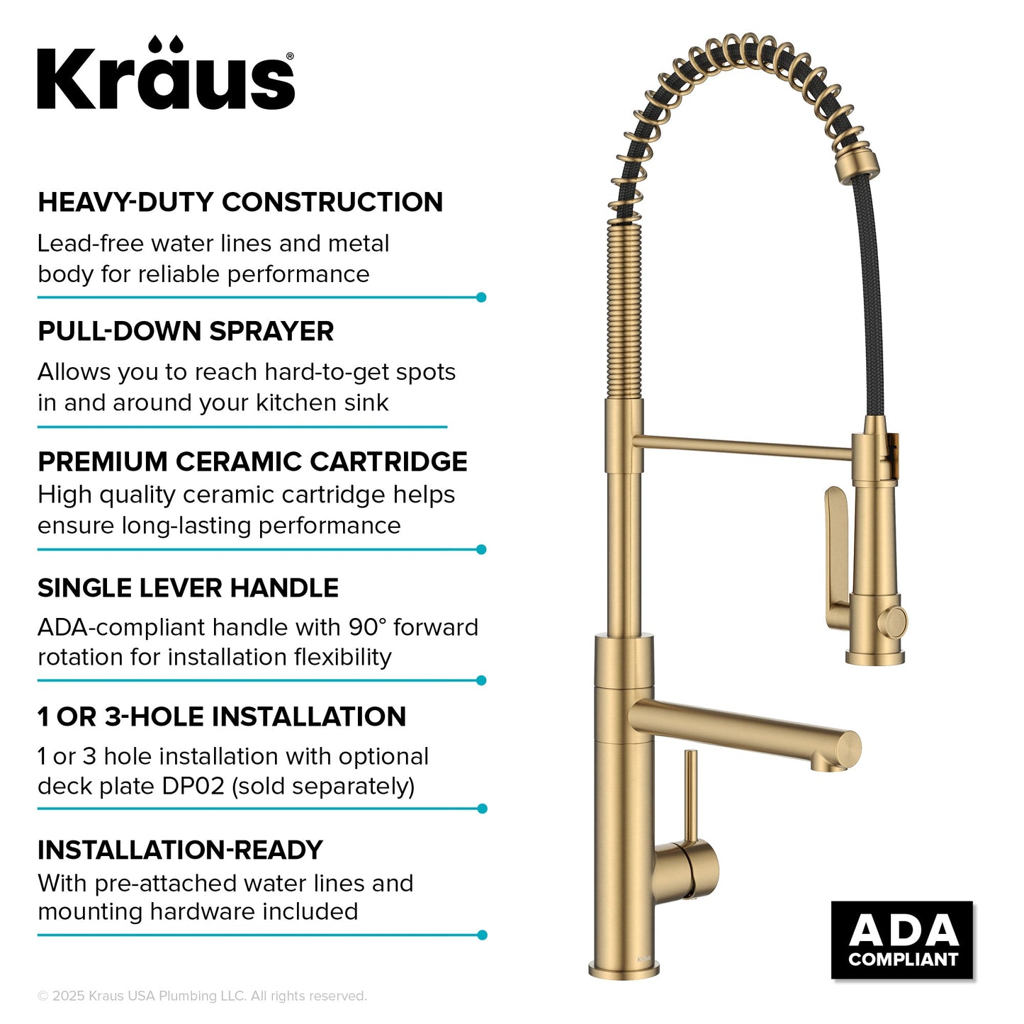KRAUS Artec Pro 2-Function Single Handle Pull Down Kitchen Faucet in Brushed Brass -
