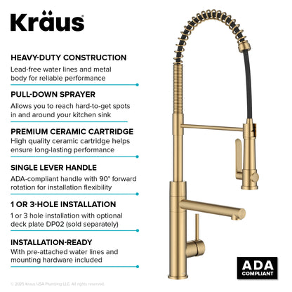 KRAUS Artec Pro 2-Function Single Handle Pull Down Kitchen Faucet in Brushed Brass -