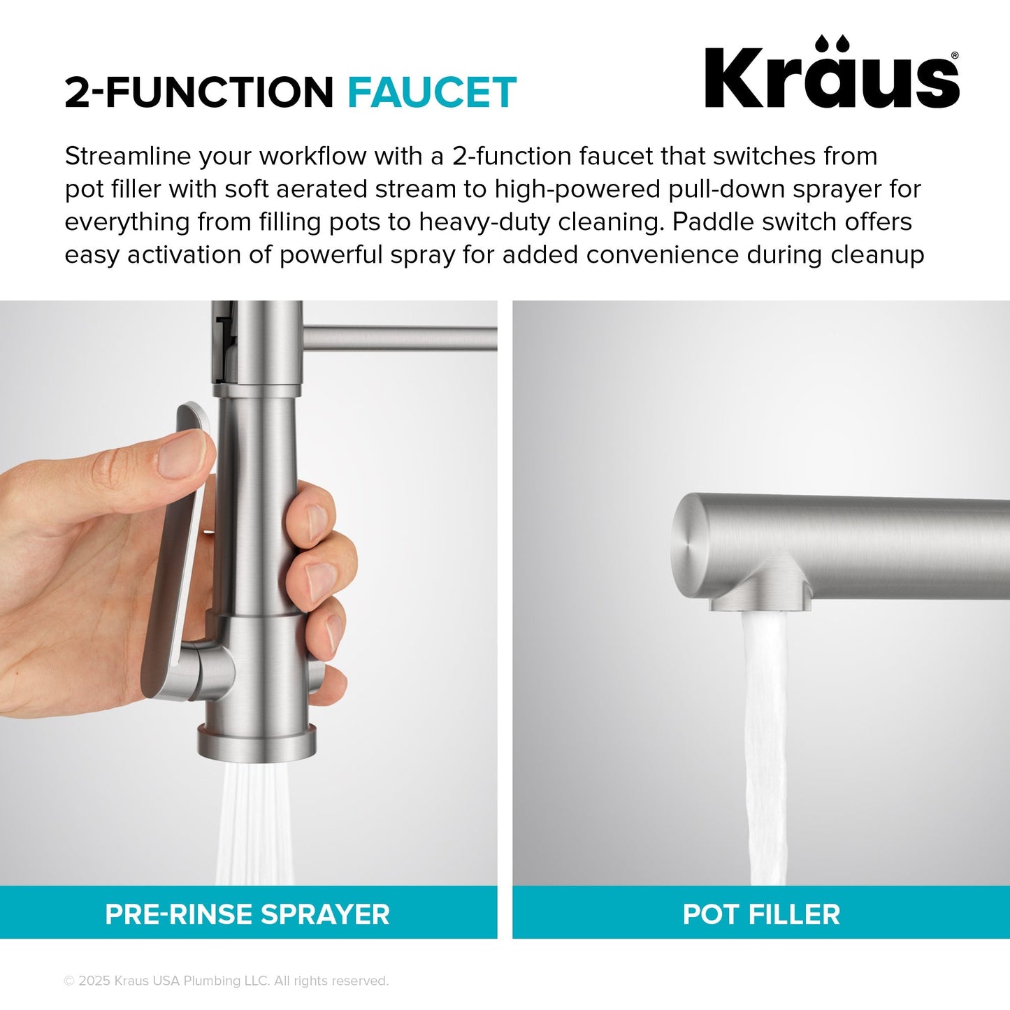 KRAUS Artec Pro 2-Function Single Handle Pull Down Kitchen Faucet in Spot-Free Stainless Steel & Matte Black - KPF-1605SFSMB
