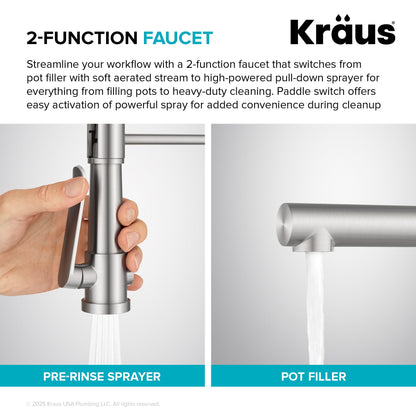 KRAUS Artec Pro 2-Function Single Handle Pull Down Kitchen Faucet in Brushed Brass -