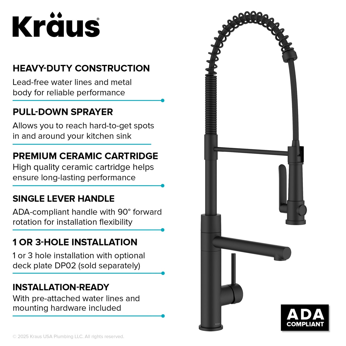 KRAUS Artec Pro 2-Function Single Handle Pull Down Kitchen Faucet in Matte Black - KPF-1605MB