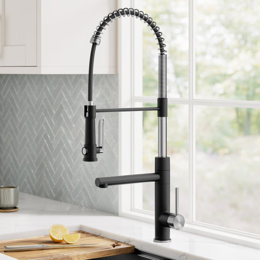 KRAUS Artec Pro 2-Function Single Handle Pull Down Kitchen Faucet in Spot-Free Stainless Steel & Matte Black - KPF-1605SFSMB