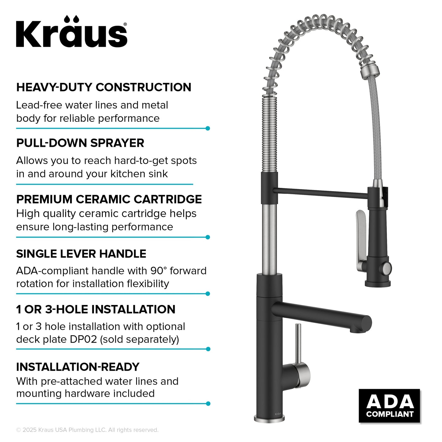 KRAUS Artec Pro 2-Function Single Handle Pull Down Kitchen Faucet in Spot-Free Stainless Steel & Matte Black - KPF-1605SFSMB