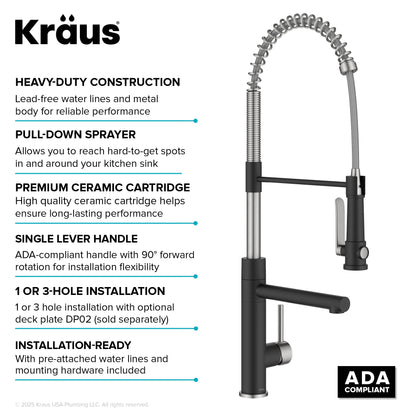 KRAUS Artec Pro 2-Function Single Handle Pull Down Kitchen Faucet in Spot-Free Stainless Steel & Matte Black - KPF-1605SFSMB
