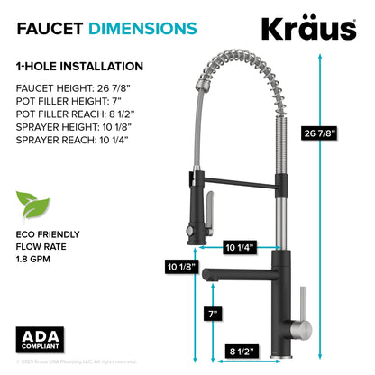 KRAUS Artec Pro 2-Function Single Handle Pull Down Kitchen Faucet in Spot-Free Stainless Steel & Matte Black - KPF-1605SFSMB