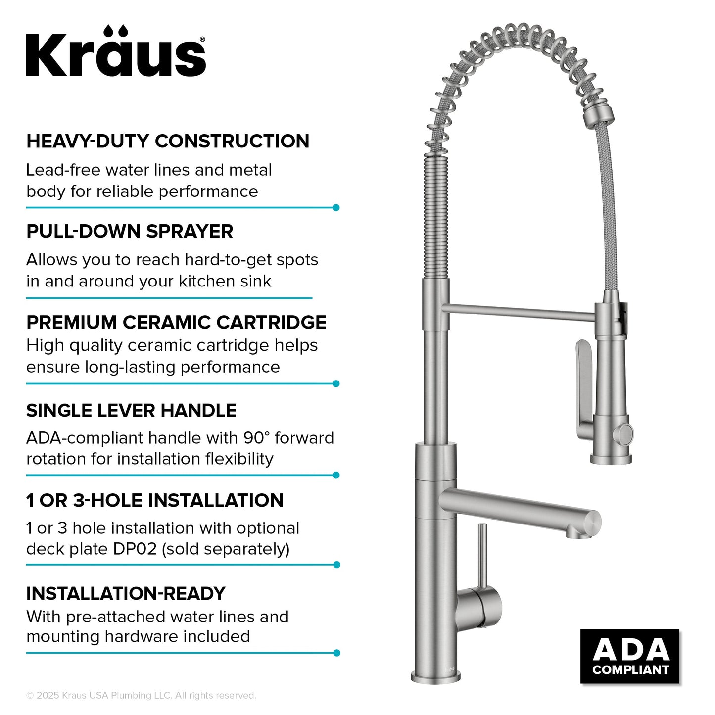 KRAUS Artec Pro 2-Function Single Handle Pull Down Kitchen Faucet in Spot-Free Stainless Steel - KPF-1605SFS