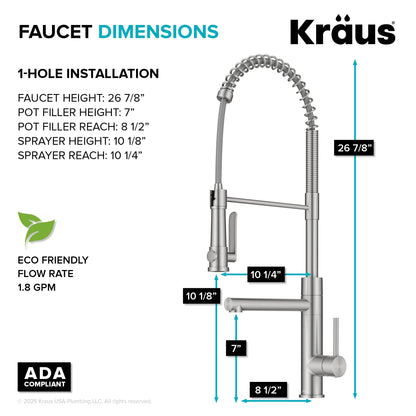 KRAUS Artec Pro 2-Function Single Handle Pull Down Kitchen Faucet in Spot-Free Stainless Steel - KPF-1605SFS