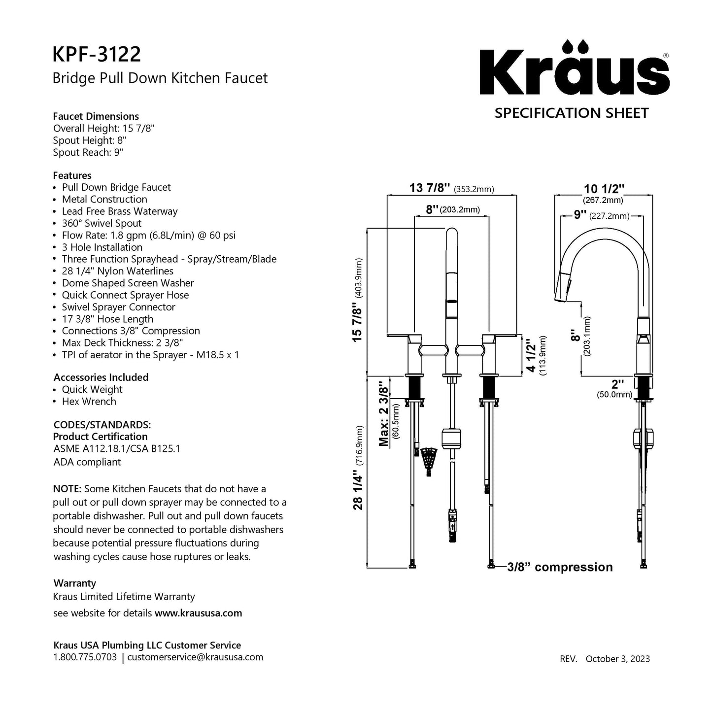 KRAUS Contemporary Bridge Kitchen Faucet with Spray-Head in Matte Black - KPF-3122MB