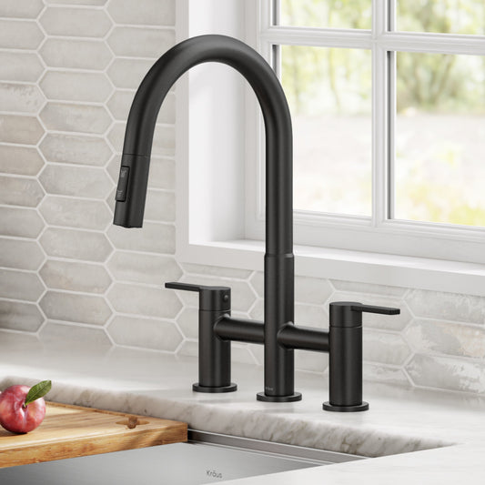 KRAUS Contemporary Bridge Kitchen Faucet with Spray-Head in Matte Black - KPF-3122MB