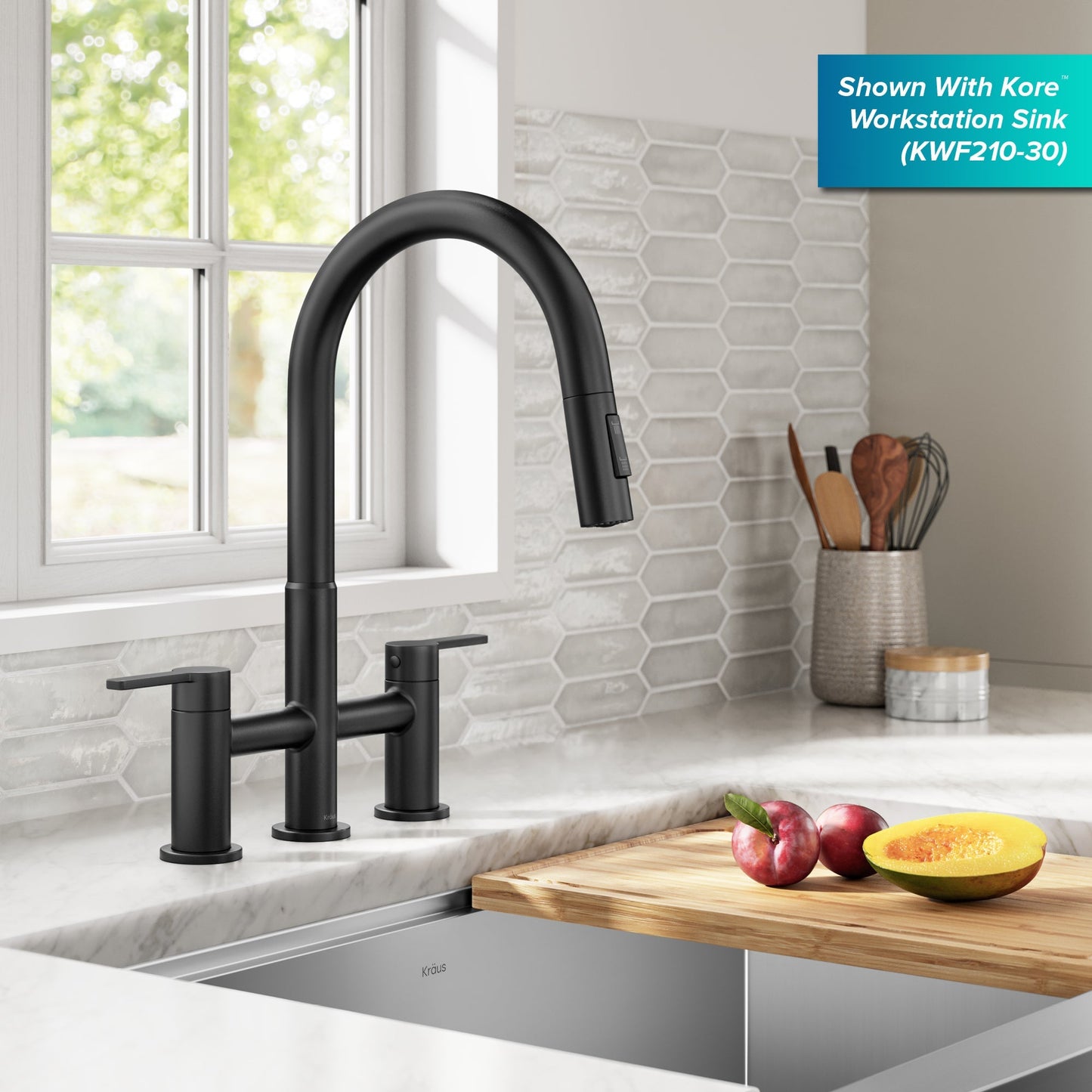 KRAUS Contemporary Bridge Kitchen Faucet with Spray-Head in Matte Black - KPF-3122MB