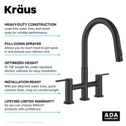 KRAUS Contemporary Bridge Kitchen Faucet with Spray-Head in Matte Black - KPF-3122MB