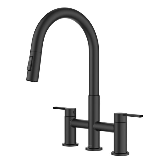 KRAUS Contemporary Bridge Kitchen Faucet with Spray-Head in Matte Black - KPF-3122MB