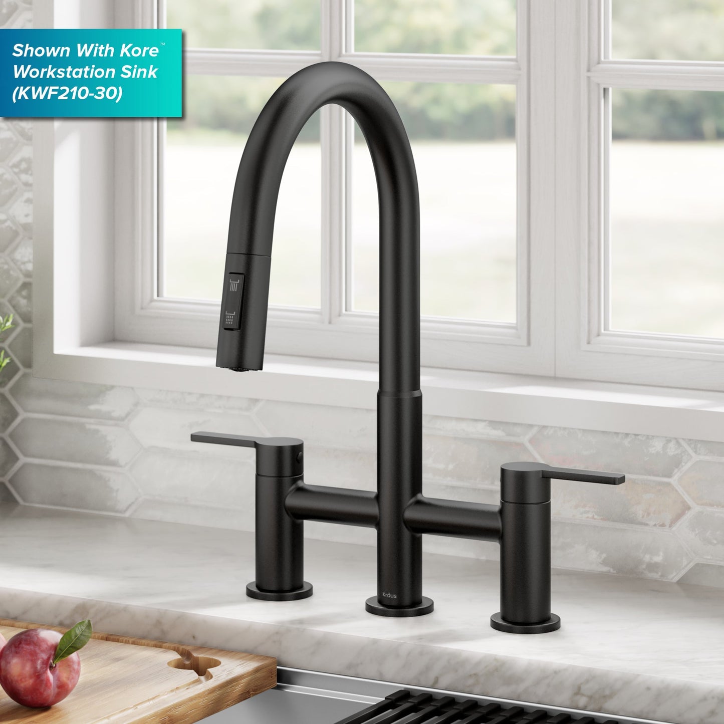 KRAUS Contemporary Bridge Kitchen Faucet with Spray-Head in Matte Black - KPF-3122MB