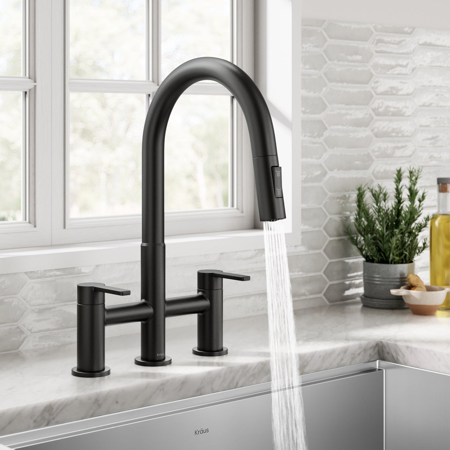 KRAUS Contemporary Bridge Kitchen Faucet with Spray-Head in Matte Black - KPF-3122MB