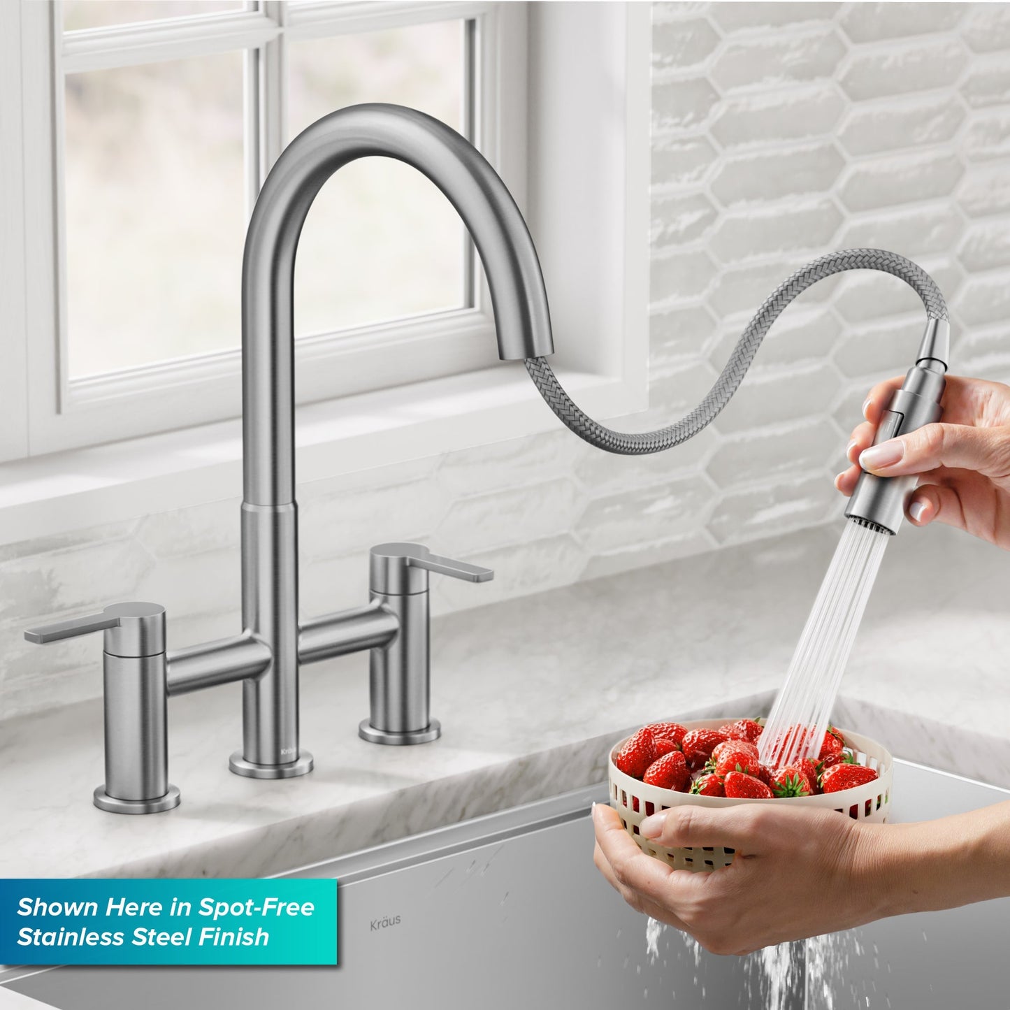 KRAUS Contemporary Bridge Kitchen Faucet with Spray-Head in Spot-Free Stainless - KPF-3122SFS