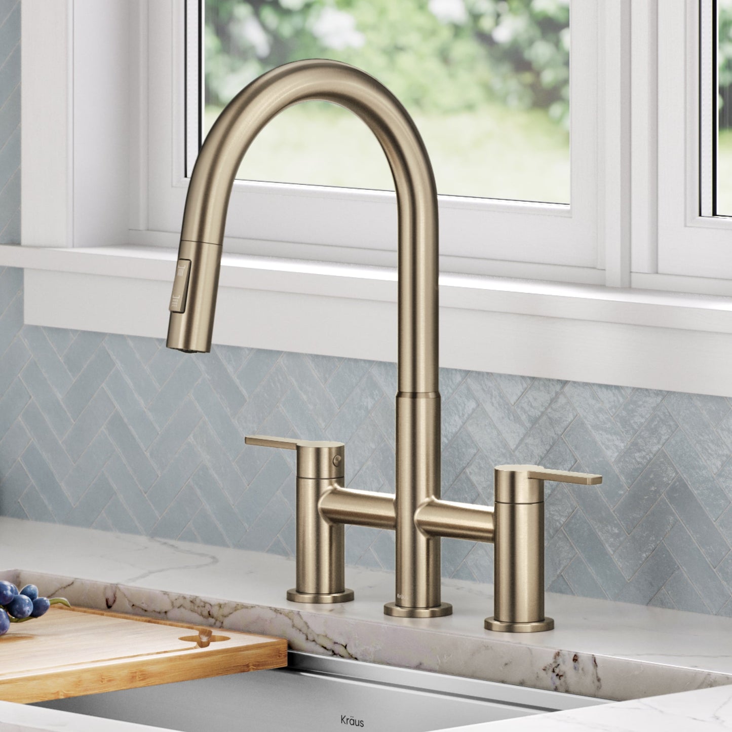 KRAUS Contemporary Bridge Kitchen Faucet with Spray-Head in Antique Bronze - KPF-3122SFACB