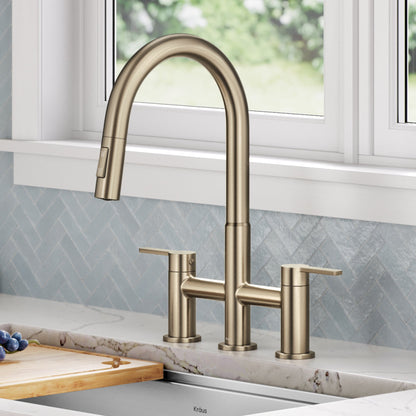 KRAUS Contemporary Bridge Kitchen Faucet with Spray-Head in Antique Bronze - KPF-3122SFACB