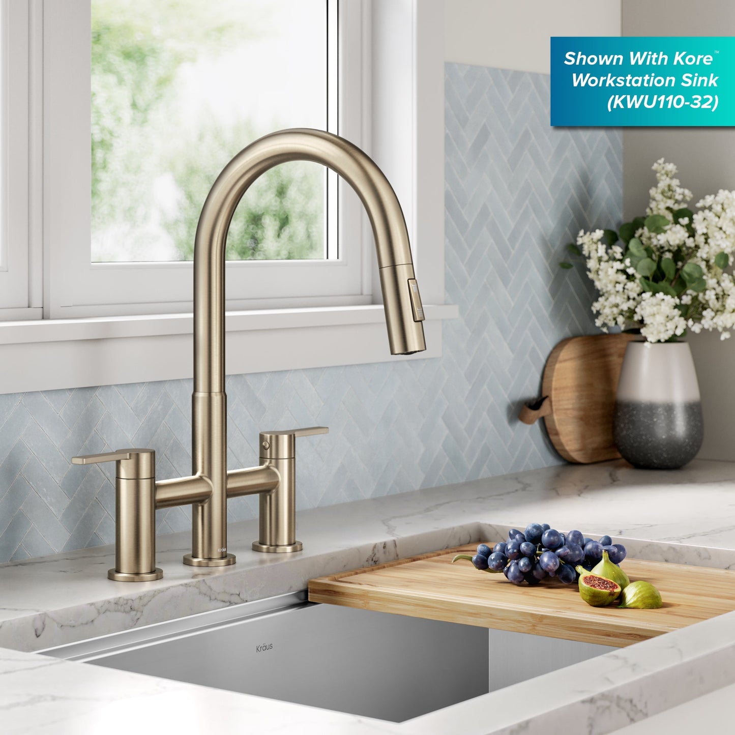 KRAUS Contemporary Bridge Kitchen Faucet with Spray-Head in Antique Bronze - KPF-3122SFACB