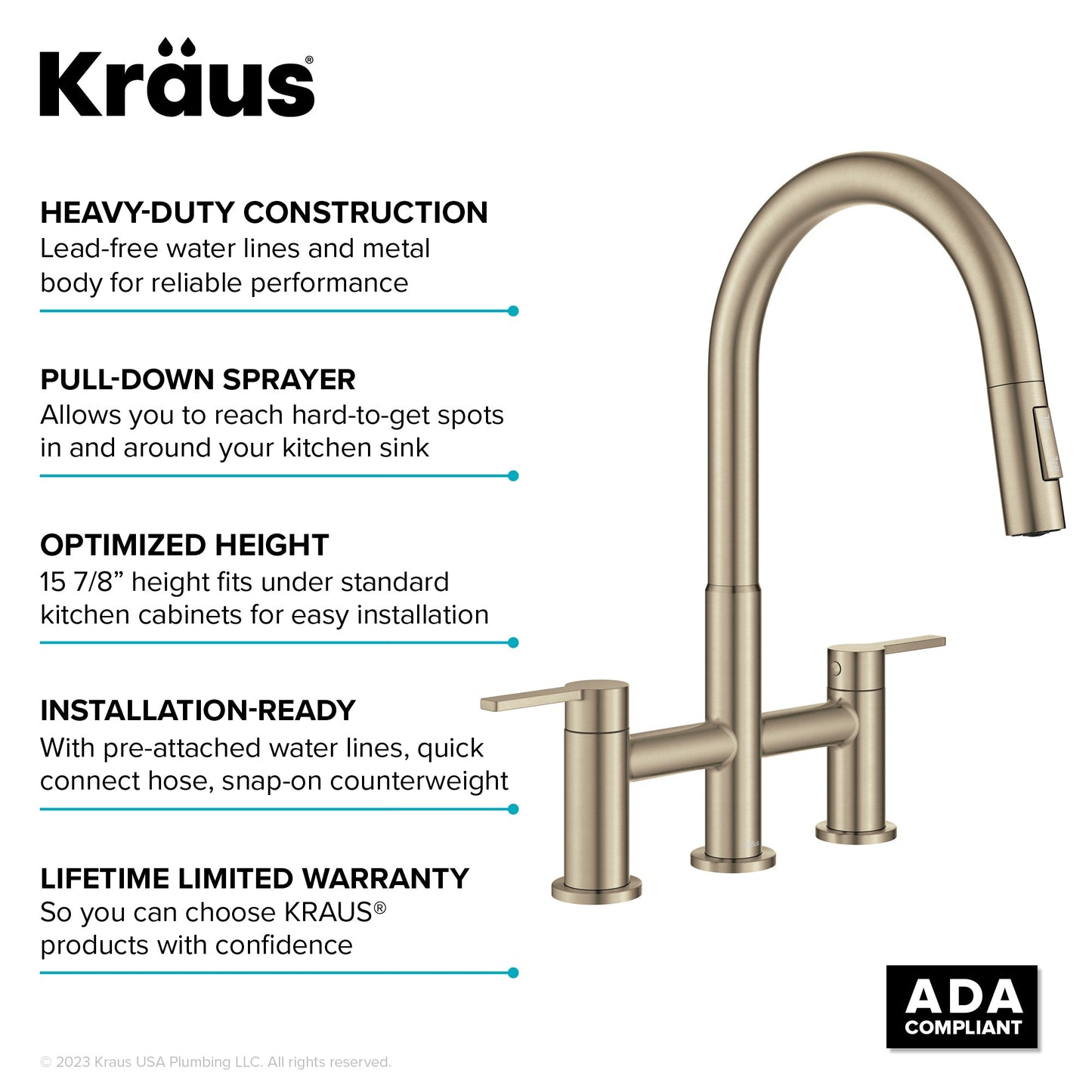 KRAUS Contemporary Bridge Kitchen Faucet with Spray-Head in Antique Bronze - KPF-3122SFACB