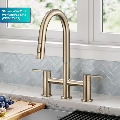 KRAUS Contemporary Bridge Kitchen Faucet with Spray-Head in Antique Bronze - KPF-3122SFACB