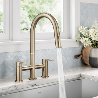 KRAUS Contemporary Bridge Kitchen Faucet with Spray-Head in Antique Bronze - KPF-3122SFACB