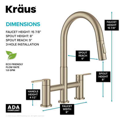 KRAUS Contemporary Bridge Kitchen Faucet with Spray-Head in Antique Bronze - KPF-3122SFACB