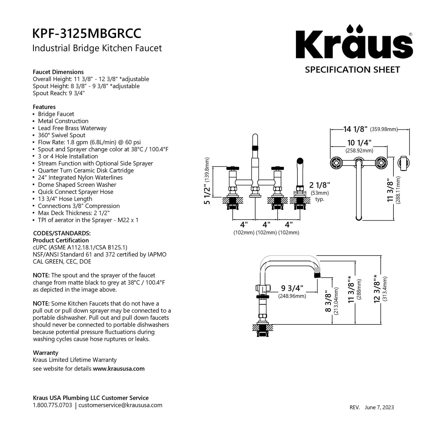 KRAUS Urbix Industrial Bridge Faucet in Color-Changing  Matte Black to Grey - KPF-3125MBGRCC