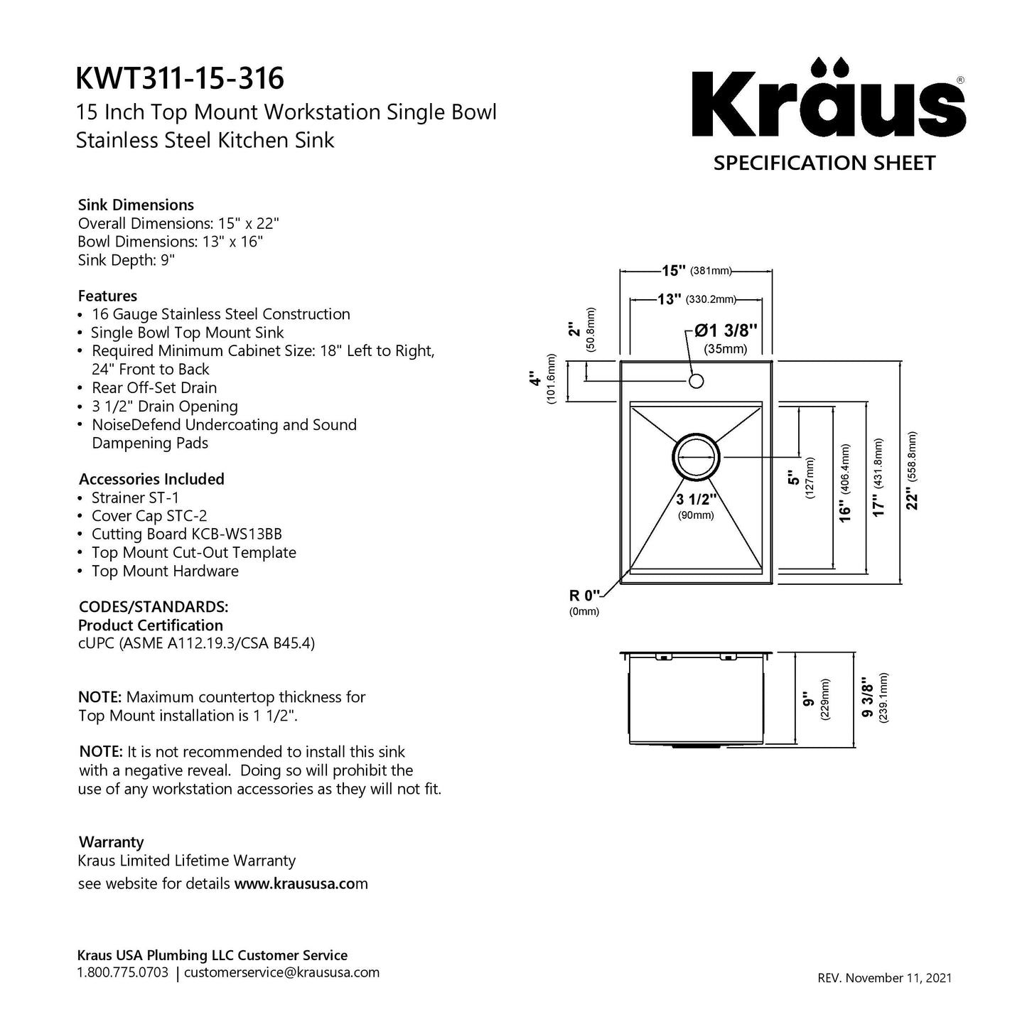 KRAUS 15" x 22" Outdoor Marine Grade Workstation Drop-In T-316 Stainless Steel Bar Sink - KWT311-15-316