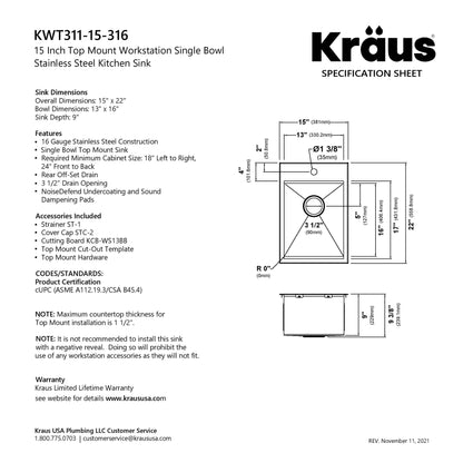 KRAUS 15" x 22" Outdoor Marine Grade Workstation Drop-In T-316 Stainless Steel Bar Sink - KWT311-15-316