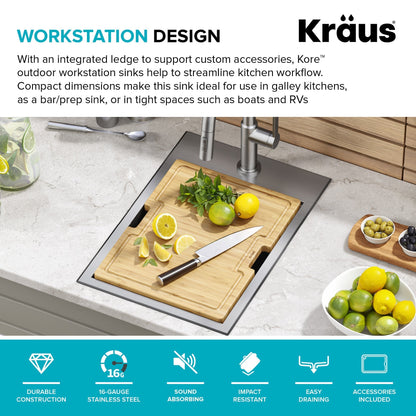 KRAUS 15" x 22" Outdoor Marine Grade Workstation Drop-In T-316 Stainless Steel Bar Sink - KWT311-15-316
