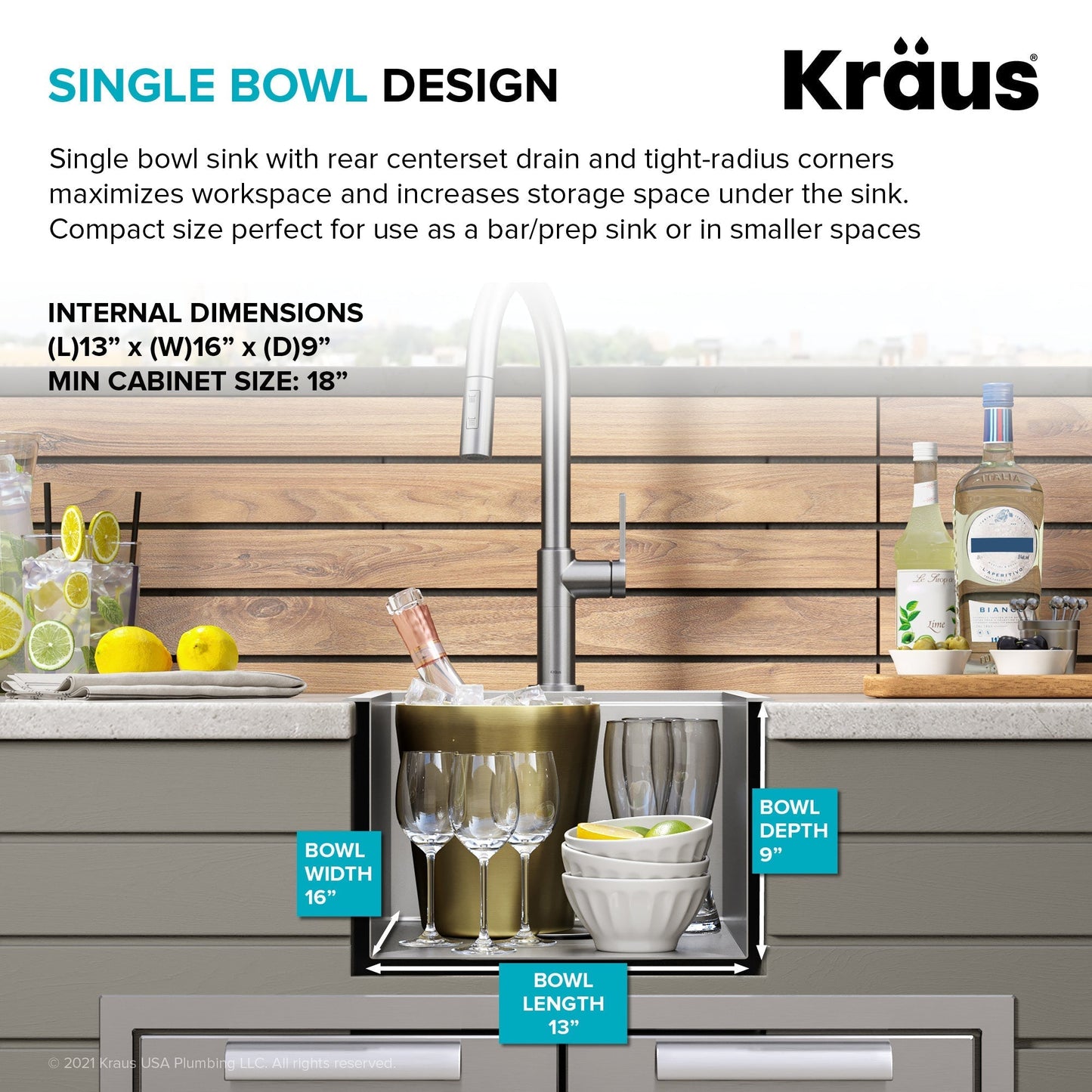 KRAUS 15" x 22" Outdoor Marine Grade Workstation Drop-In T-316 Stainless Steel Bar Sink - KWT311-15-316