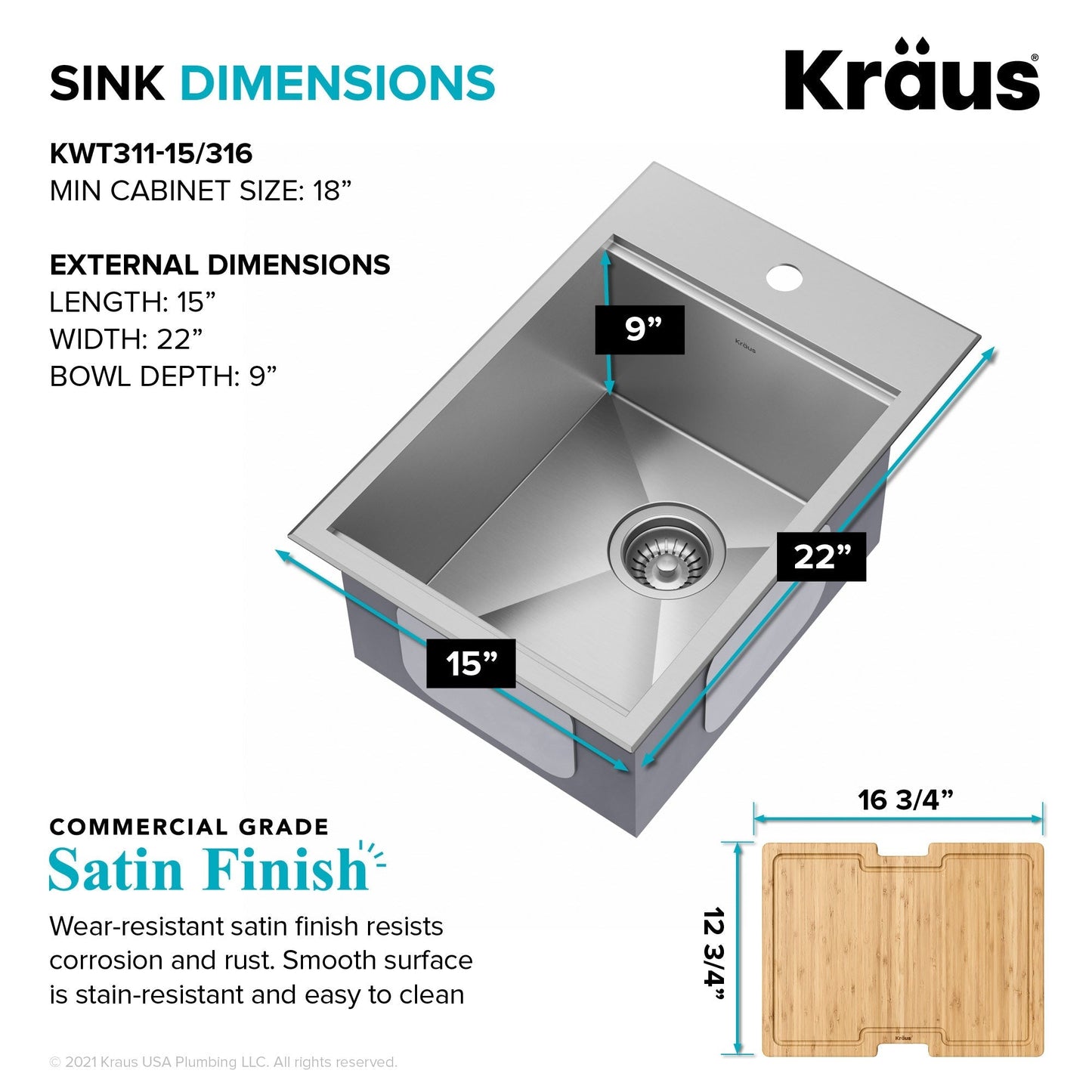 KRAUS 15" x 22" Outdoor Marine Grade Workstation Drop-In T-316 Stainless Steel Bar Sink - KWT311-15-316