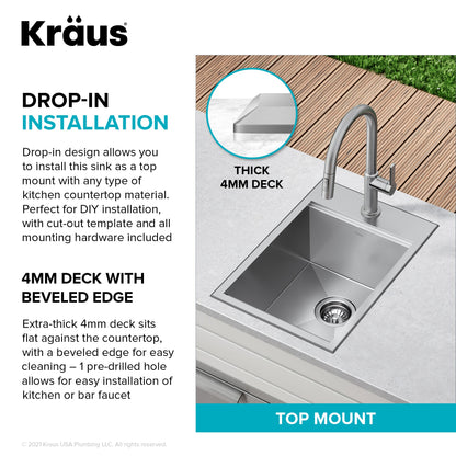 KRAUS 15" x 22" Outdoor Marine Grade Workstation Drop-In T-316 Stainless Steel Bar Sink - KWT311-15-316