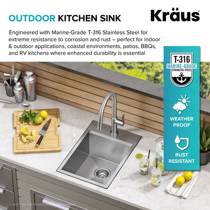 KRAUS 15" x 22" Outdoor Marine Grade Workstation Drop-In T-316 Stainless Steel Bar Sink - KWT311-15-316