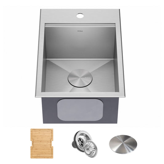 KRAUS 15" x 22" Outdoor Marine Grade Workstation Drop-In T-316 Stainless Steel Bar Sink - KWT311-15-316
