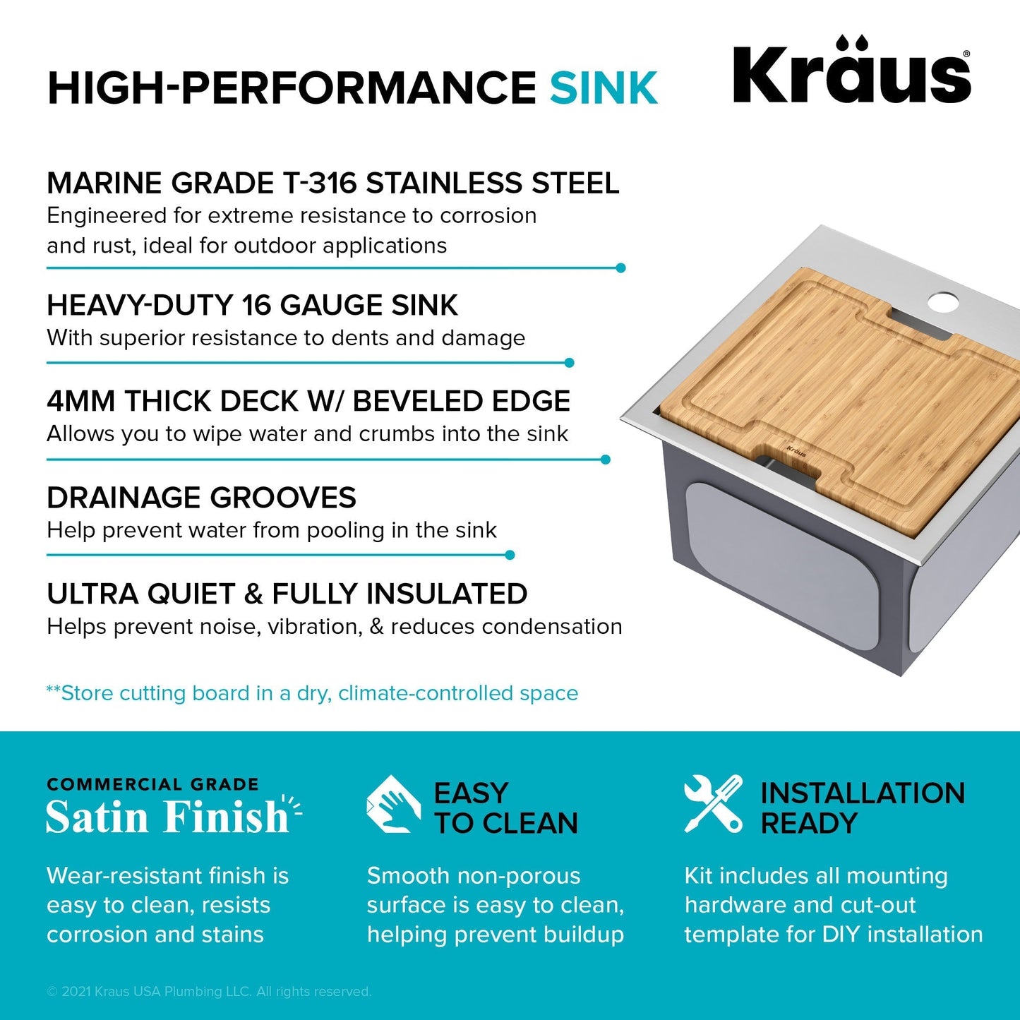 KRAUS 15"x 15" Outdoor Marine Grade Workstation Drop-In T316 Stainless Steel Bar Sink - KWT321-15-316