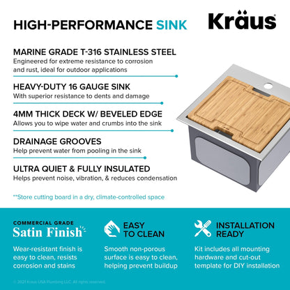 KRAUS 15"x 15" Outdoor Marine Grade Workstation Drop-In T316 Stainless Steel Bar Sink - KWT321-15-316
