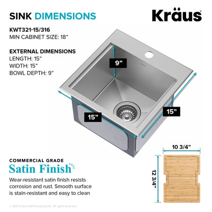 KRAUS 15"x 15" Outdoor Marine Grade Workstation Drop-In T316 Stainless Steel Bar Sink - KWT321-15-316