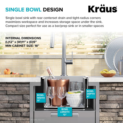 KRAUS 15"x 15" Outdoor Marine Grade Workstation Drop-In T316 Stainless Steel Bar Sink - KWT321-15-316
