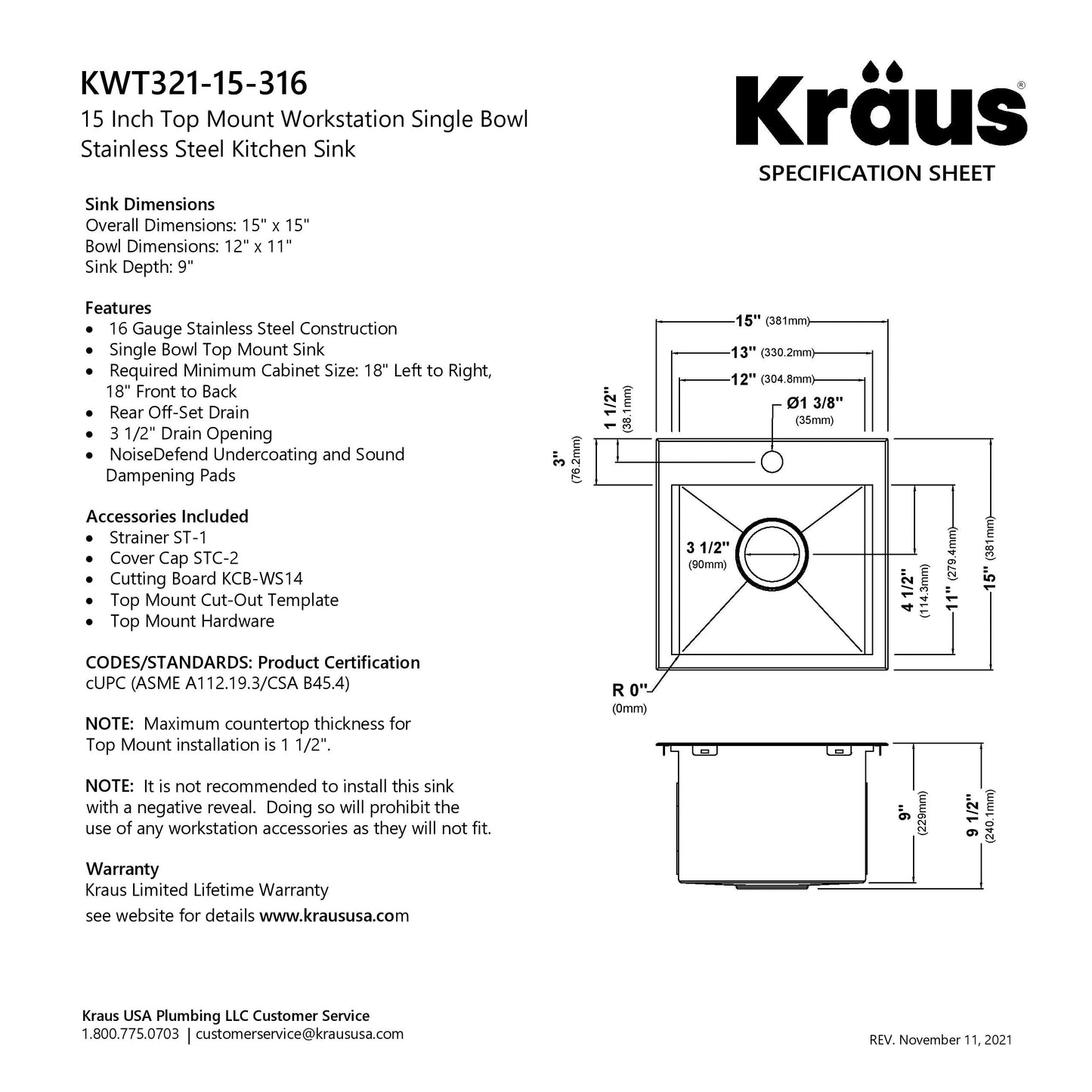 KRAUS 15"x 15" Outdoor Marine Grade Workstation Drop-In T316 Stainless Steel Bar Sink - KWT321-15-316