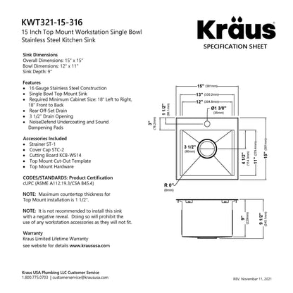 KRAUS 15"x 15" Outdoor Marine Grade Workstation Drop-In T316 Stainless Steel Bar Sink - KWT321-15-316