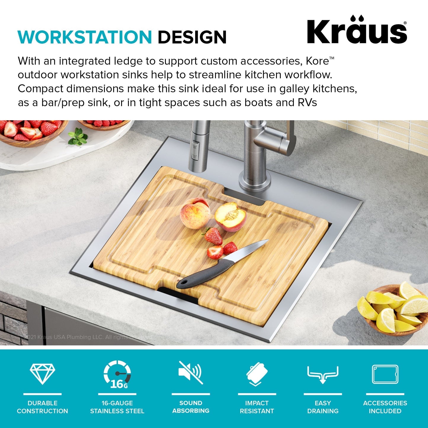 KRAUS 15"x 15" Outdoor Marine Grade Workstation Drop-In T316 Stainless Steel Bar Sink - KWT321-15-316