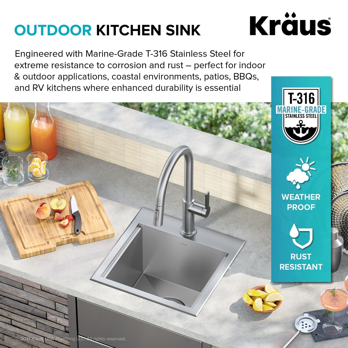KRAUS 15"x 15" Outdoor Marine Grade Workstation Drop-In T316 Stainless Steel Bar Sink - KWT321-15-316