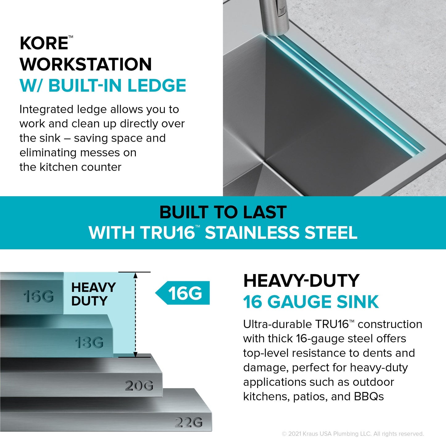KRAUS 15"x 15" Outdoor Marine Grade Workstation Drop-In T316 Stainless Steel Bar Sink - KWT321-15-316