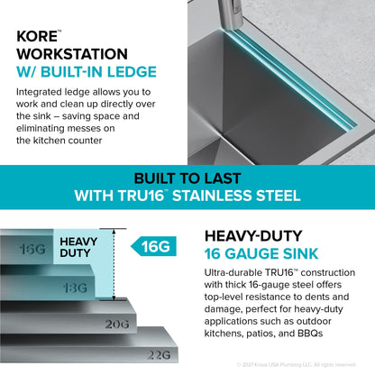 KRAUS 15"x 15" Outdoor Marine Grade Workstation Drop-In T316 Stainless Steel Bar Sink - KWT321-15-316