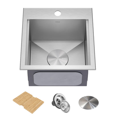 KRAUS 15"x 15" Outdoor Marine Grade Workstation Drop-In T316 Stainless Steel Bar Sink - KWT321-15-316