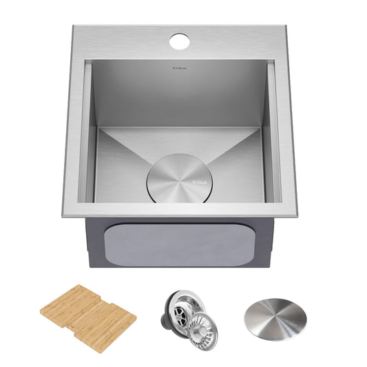 KRAUS 15"x 15" Outdoor Marine Grade Workstation Drop-In T316 Stainless Steel Bar Sink - KWT321-15-316